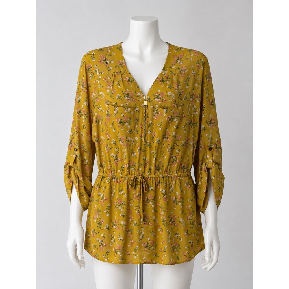 Orange Kiss Mustard Yellow Floral Half Zip Drawstring Waist Blouse 3X